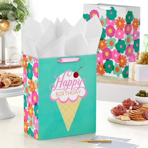 Hallmark Modern Flowers and Ice Cream Birthday Gift Bag Set (2 Bags: 13" Large and 15" Extra Large) for Kids, Teens, Friends