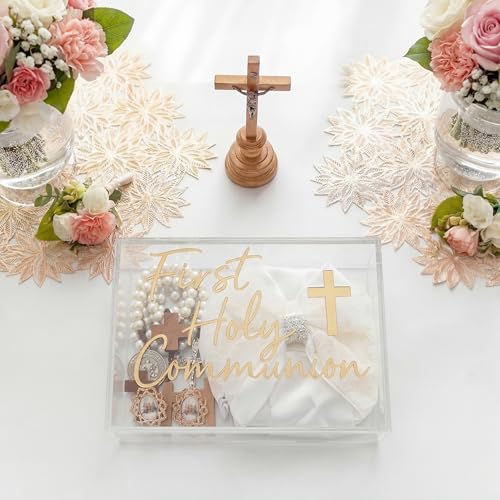 Fiwochic First Communion Keepsake Box Acrylic Baptism Memory Gift Box for Boy Girl Catholic Religious First Holy Communion...