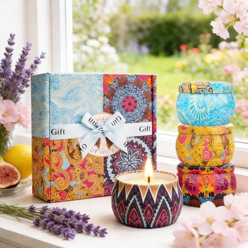 Scented Candle Gift Set - 4 Pack Long-Lasting Scented Soy Wax Candles with Fig, Lemon, Spring & Lavender, Aromatherapy Can...