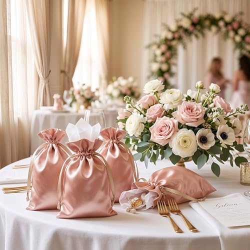 Knitial 50 Pack 5" x 8" Rose Gold Satin Gift Bags with Drawstring, Jewelry Pouches, Wedding Favor Bags for Baby Shower Bir...