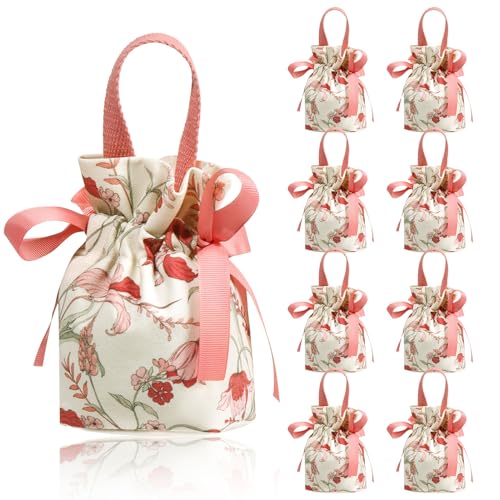 Liobelon 8 Pieces Floral Mini Gift Bags with Handles 14x9.5x6cm/5.5x3.7x2.3inch Canvas Small Candy Bag Tea Party Favor Bag...