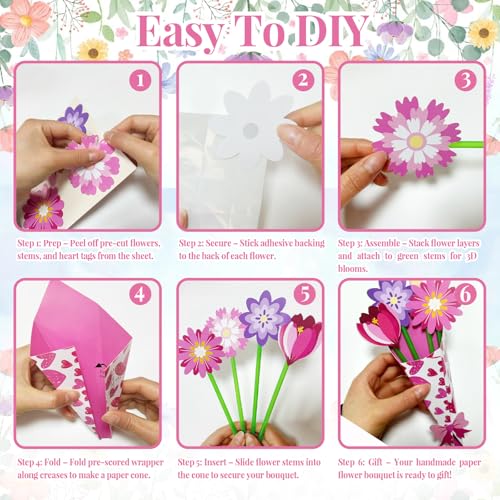 SMUAENSS 48 Set Mothers Day Craft Flower Bouquet Craft Kit DIY Paper Flower Crafts, Handmade Thankful Gifts for Teacher Ap...