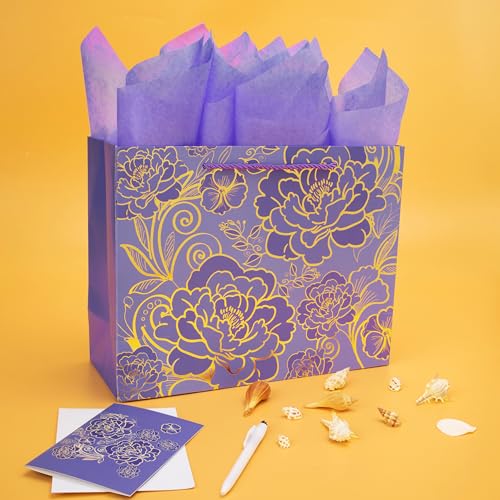 Qirrmiy 13" Large Rose Purple Gift Bag Set with Greeting Card and Tissue Paper for Women or Girls for Celebrating Birthday...