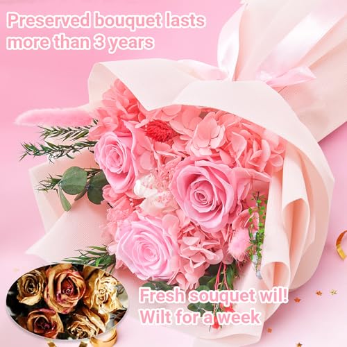 Gnifot Preserved Flowers Bouquet, Flowers for Delivery,Handmade Pink Rose Bouquets Lasting 3-5 Years, Luxury Gift Box,Birt...