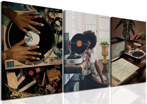 YFvrPt Black Girl Wall Art Decor Modern Black Woman Painting Prints, Set of 3 African American Music Record Player Poster ...
