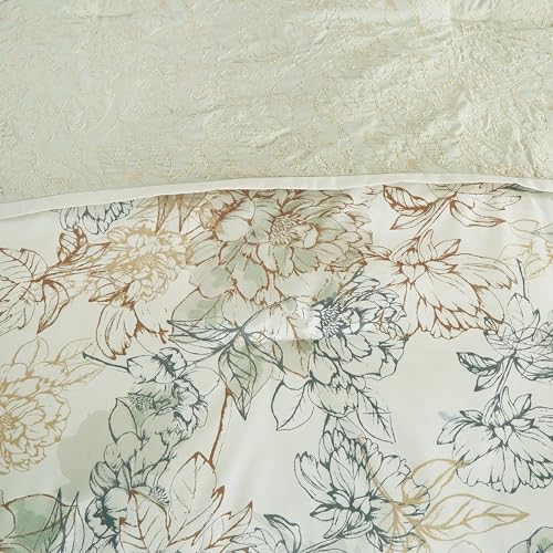 Chezmoi Collection Rosaline 7-Piece Floral Botanical Comforter Set King - Floral Embroidery Soft Green Gray Floral Printed...