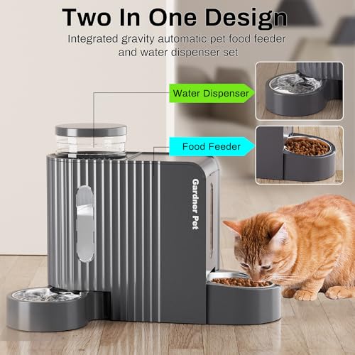 Gardner Pet Automatic Gravity Cat Food Feeder and Water Dispenser Stainless Steel Two-in-One Set Large Capacity Dispenser ...
