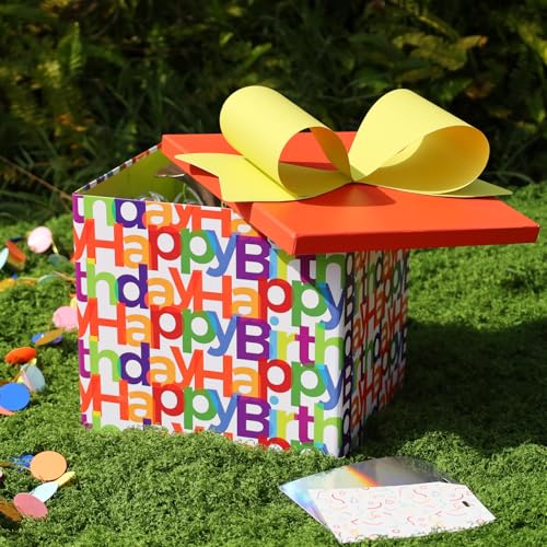 BIOBROWN Medium Birthday Gift Boxes with Lids for Presents, 9x9x9 Inches Text Design Collapsible Gift Box for Birthday, Ba...