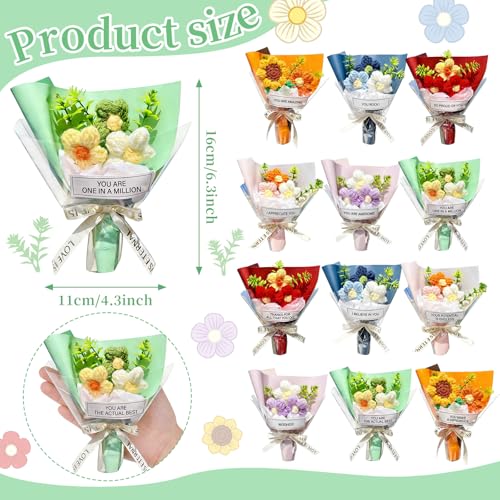 Riceshoot 12 Pcs Inspirational Crochet Gifts Positive Handmade Mini Crochet Flowers Bouquet Thank You Flower Bouquet Appre...