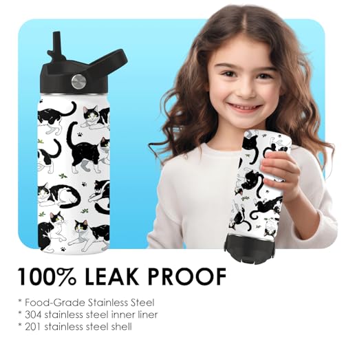 Cat Gifts for Kids - 16oz Black Cat Water Bottle with Straw Lid, Stainless Steel Insulated Bottle, Leak Proof, BPA-Free, f...