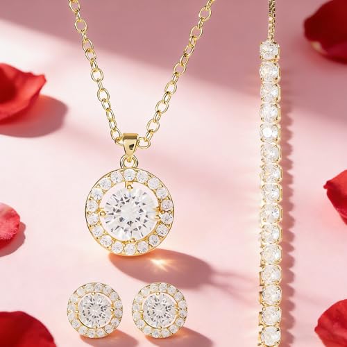 WDS WONDROUS Preserved Rose Jewelry Set for Women, 4-Piece Red Rose Gift Box with Necklace Earrings Bracelet, Valentines D...
