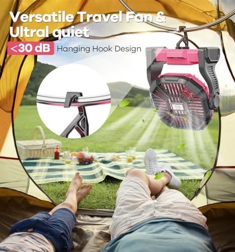 DOWILLDO 30000mAh Portable Battery Powered Camping Fan - with LED Light, Quiet Battery Operated, Camping Gear for Travel, ...