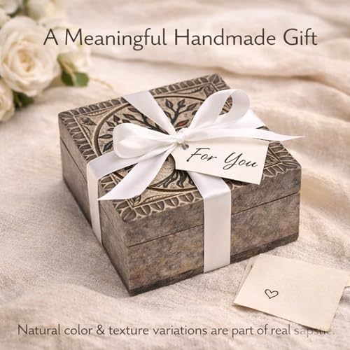 KC KULLICRAFT Hand Carved Marble Soapstone Square Shape Jewellery Box | Storage Organizer | Decorative Trinket Ornament Ho...