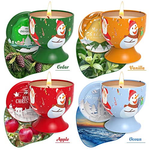 Set of 4 Christmas Snowman Santa Claus Scented Candles Gift Set for Home Women, 4.4oz Natural Soy Wax Strong Cedar, Lavend...