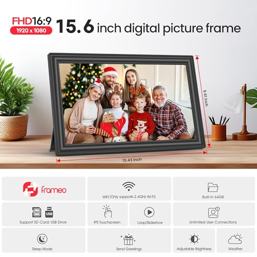 64GB 15.6" Frameo Digital Picture Frame WiFi, Large Electronic Photo Frames 1920 x 1080 IPS FHD Touch Screen, Send Photos ...