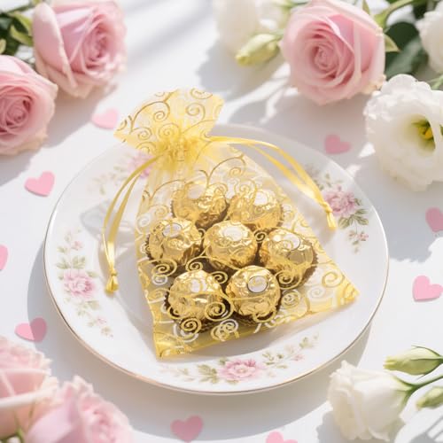 joycraft 50Pcs Organza Gift Bags - 5x7 In Gold Mesh Gift Drawstring Bags, Organza Party Favor Pouch for Valentine's Day, W...