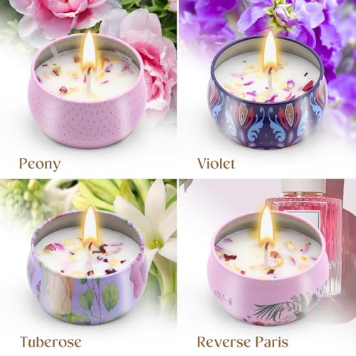 Scented Candles Gift Set for Women 4 Pack Soy Wax Candles with Dried Flowers Reusable Tin Aromatherapy Relaxation Gift for...