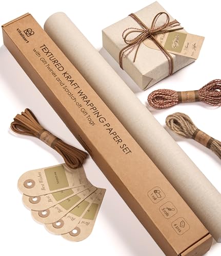 Vitalizart Textured Wrapping Paper Set 17" Roll Twine Ribbons & Tags Extra Thick All-in-One Neutral Beige Kraft Christmas ...