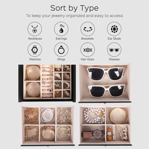 Dajasan Large Jewelry Box for Women, Jewelry Organizer Box with 3 Drawers, Jewelry Storage Organizer with Mirror for Neckl...