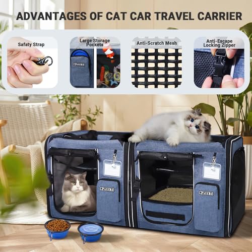 Petskd 2 in 1 Double Cat Car Travel Carrier with Litter Box, 38"x17"x18" Portable Dual Extra Large Cat Carrier for Multipl...