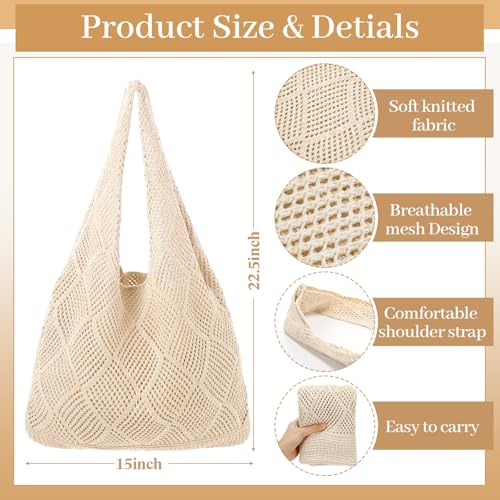 Aliceset 2 Pack Crochet Mesh Beach Tote Bag with Letter Patch Pocket Summer Beach Tote Bohemian Straw Transparent Bag
