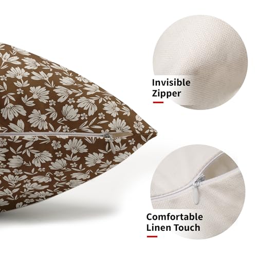 Kawani Brown Beige Daisy Floral Lumbar Pillow Covers, Vintage Flowers 12x20 Inch Set of 2, Block Print Cotton Linen Throw ...