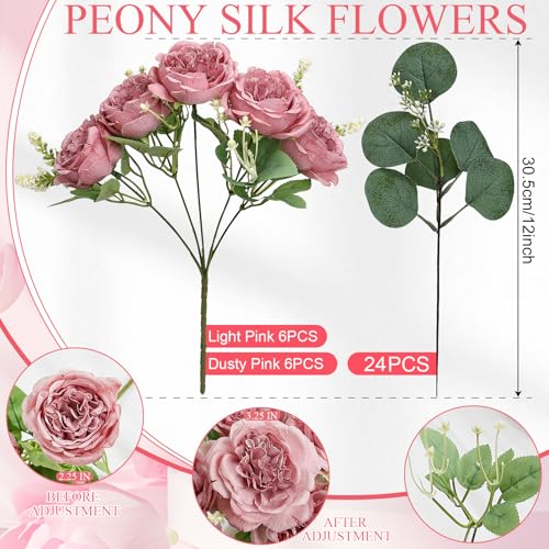 Nagobi Peonies Artificial Flowers Bulk, 12 Bundles Fake Silk Peonies Faux Eucalyptus Bouquet Realistic Peony Floral Arrang...