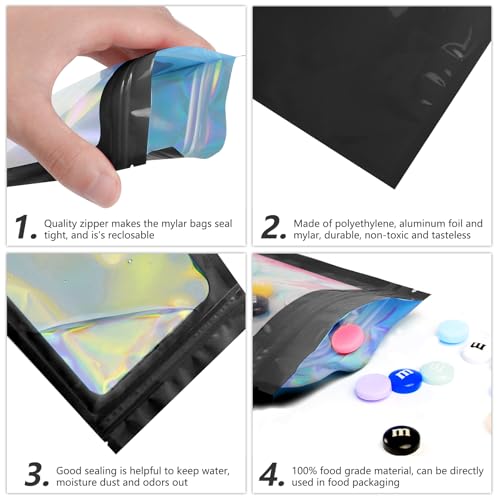 Funfery 100 pcs Black Mylar Holographic Bags Packaging Bags,Clear Resealable Bag Foil Pouch Bag for Food Storage and Lipgl...