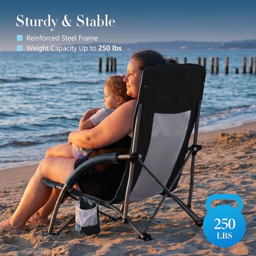 DUMOS Low Beach Chair for Adults, Lightweight Folding Beach Chair with Cup Holder, Storage Bag, Breeze Mesh Back, Padded A...