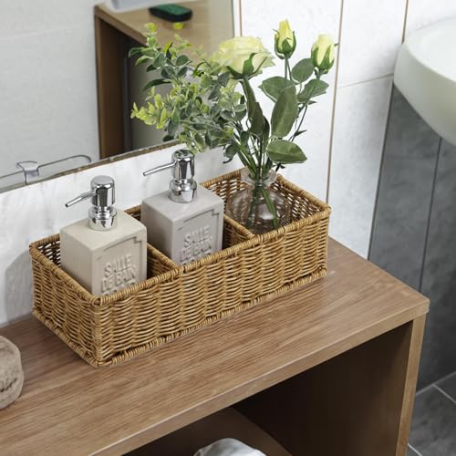 Waterproof Wicker Basket With 3 Compartments, Hand Woven Bathroom Counter Organizer, Small Storage Basket for Toilet Paper...