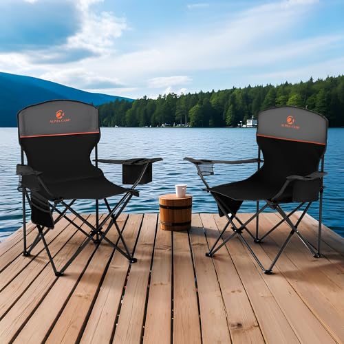 ALPHA CAMP Camping Chairs 350LBS Capacity, Heavy Duty Folding Chair with 4-Can Cooler Bag, Portable Outdoor Chair with Cup...