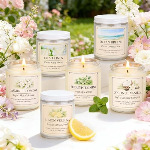 Scented Candle Gift Set, 6 Pack 7oz Natural Soy Wax Aromatherapy Candles, Coconut Vanilla Lemon Verbena Fresh Linen Scent...