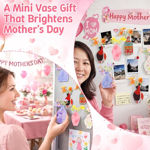 16 Sets Mother's Day Fridge Magnets Gifts Bulk with Mini Flower Vase Fridge Magnets Cards Artificial Flowers Organza Bags ...