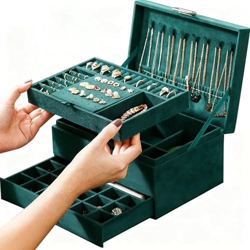ProttyLife Jewelry Organizer Box for Women Girls, Jewelry Box 3-Tier Jewelry Display Case and Organizer,Lockable Jewelry D...