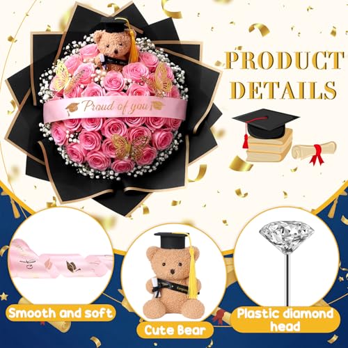 Gilprop 25 Pcs Graduation Flower Bouquet Accessories 2026 with 1 Bear 10 Floral Wrapping Paper 1 Ribbon 12 Butterfly Decor...