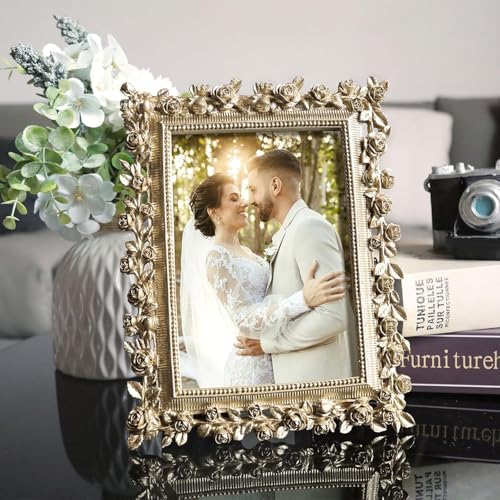FOLKOR 5x7 Wedding Frame Gold, 2 Pack Decorative Picture Frame with Stand for Tabletop Shelf Decor, Antique Brass Floral P...