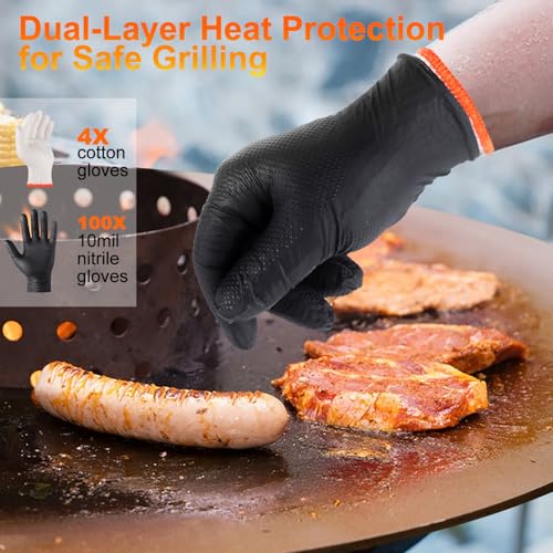 ANBOSON BBQ Gloves for Grilling Disposable Heat Resistant - 100 Nitrile Gloves + 4 Reusable Cotton Liners for Barbecue Smo...