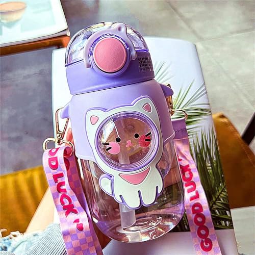 Kawaii Water Bottle Cute Water Bottles for Girls, Kawaii Water Bottle with Straw and Adjustable Strap, Portable Leakproof ...