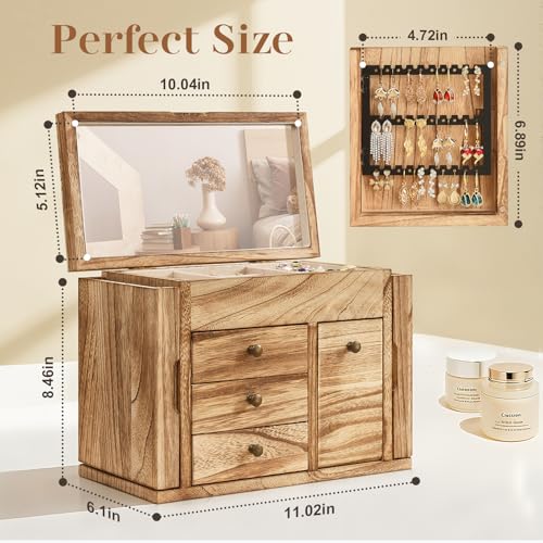Poyilooo Jewelry Box Organizer, Solid Wood Jewelry Boxes fow Women with Mirror, Double Layer Jewelry Organizer Box Display...