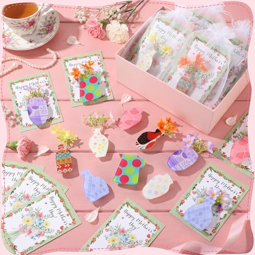 16 Sets Mother's Day Fridge Magnets Gifts Bulk with Mini Flower Vase Fridge Magnets Cards Artificial Flowers Organza Bags ...