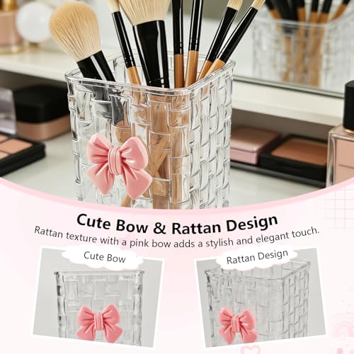 Nirvany Acrylic Pen Holder for Desk, Cute Clear Pencil Organizer & Makeup Brush Holder with Bow Back To School Accessories...
