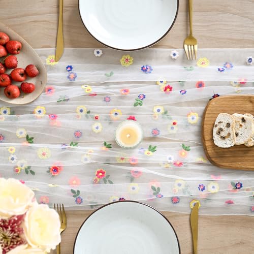 Artoid Mode Milky White Wildflower Floral Gauze Embroidery Table Runner 120 Inch 10FT, Tulle Seasonal Spring Kitchen Dinin...