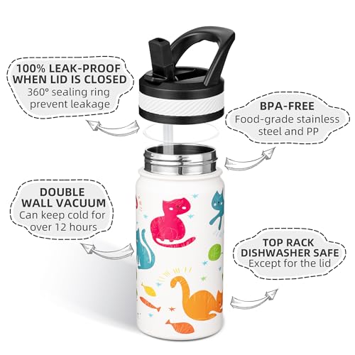 Fanhaw 14 Oz Kids Insulated Water Bottle with Straw - Stainless Steel Double Wall Vacuum Cup, Leakproof, BPA Free, Suitabl...