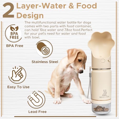 Dog Portable Water Bottle Stainless Steel 10 oz with Food Container - Pet Water Bottle - Cream Portable Dog Water Dispense...