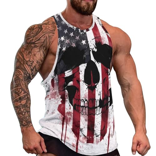 MARSVOVO Mens US Flag Tank Tops Skull Graphic Print Sleeveless Crew Neck Western Shirts for Men Fashion Vest