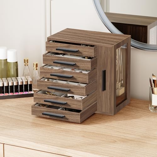 HOOBRO Jewelry Box for Women, Jewelry Organizer Box, 6-Tier Wooden Jewelry Box, Jewelry Case with Side Transparent Window,...