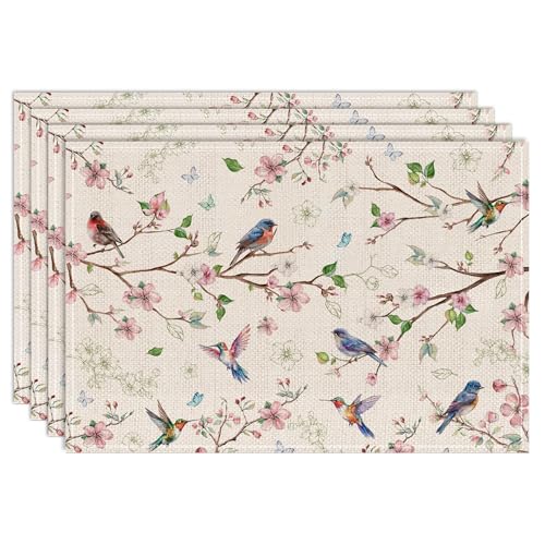Cusugbaso Spring Placemats Set of 4 12x18 inch for Dinning Table - Floral Bird Branch Spring Decor for Party, Dinner - Far...