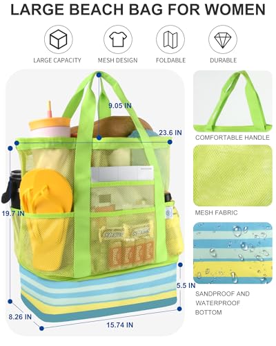 Genteen Sandproof Mesh Beach Bag with Detachable Cooler, Waterproof Zipper Tote Bag for Women Swim Pool Vacation Travel