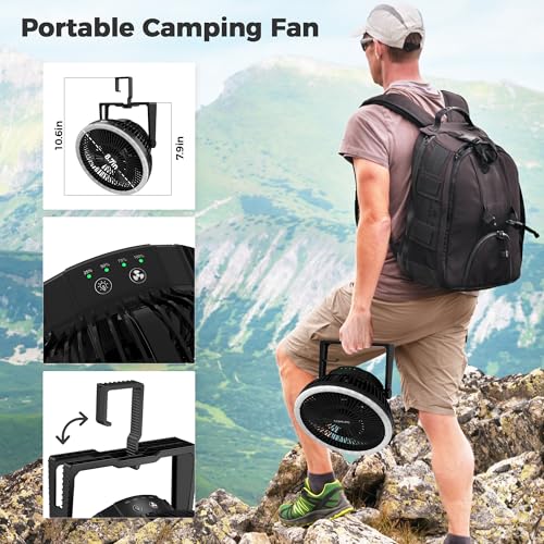 Portable Camping Fan with LED Lantern, 24HRS Running 8inch Rechargeable Tent Fan, Powerful 3-Speed 180° Rotate with Hook, ...