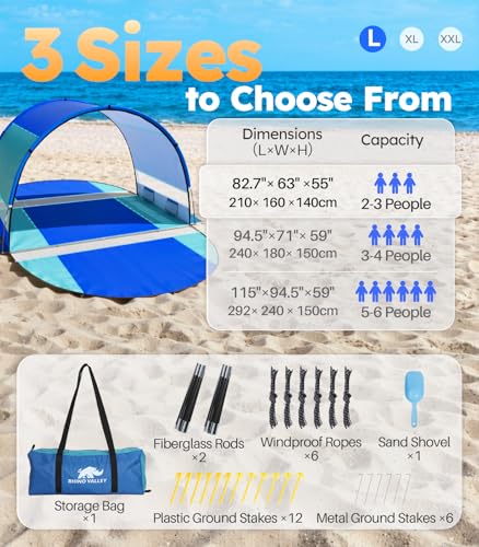 Rhino Valley Beach Tent, Beach Tent Sun Shelter with UPF50+ UV Protection, Double Doors Beach Canopy Portable Storage Bag ...